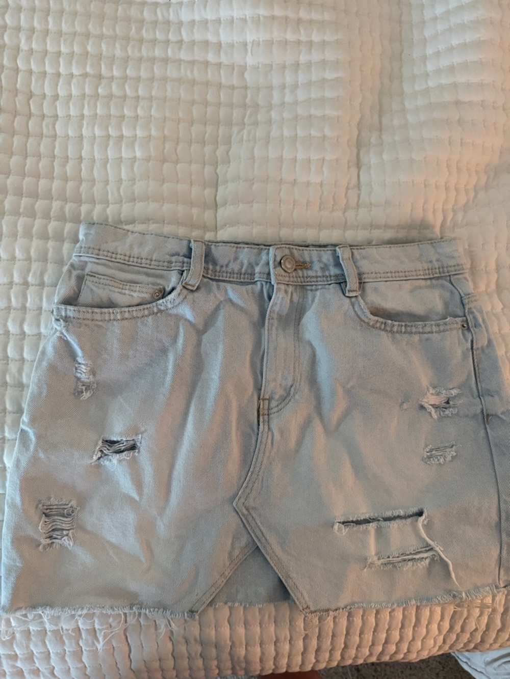 Zara Light Wash Distressed Denim Mini Skirt